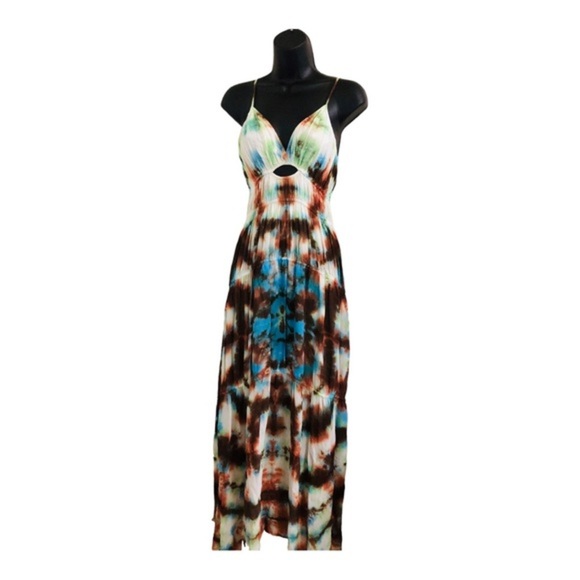 YFB Young fabulous & broke delphine chiffon blue brown tiedye cutout maxi dress - Picture 2 of 16